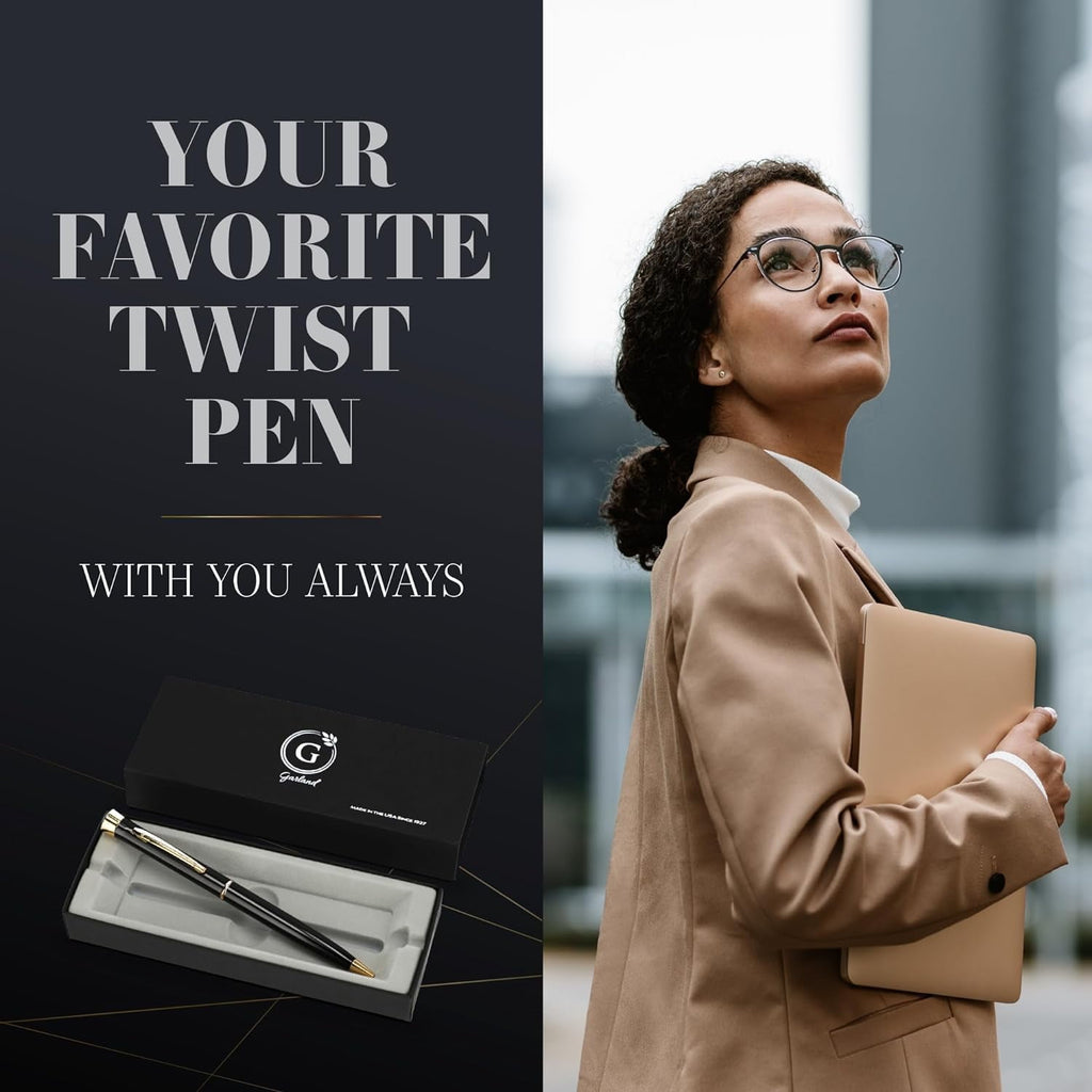 Garland Luxury Metal Twist Pen, Black with Gold Finish, Made in USA, Gift Box, Refillable