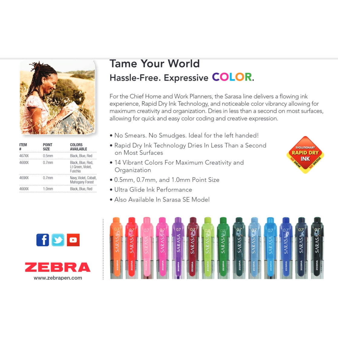 Zebra Sarasa Retractable Gel Ink Pens, Medium Point 0.7 mm, Assorted Color Rapid Dry Ink, 14-Count