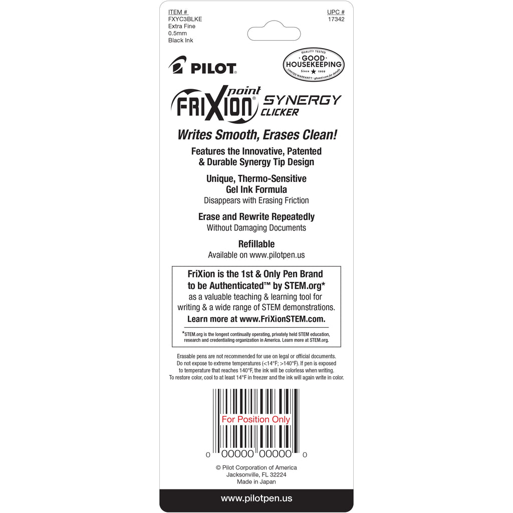 Pilot FriXion Synergy Clicker Erasable Gel Pens, Extra Fine Point, Black Ink, 3 Count