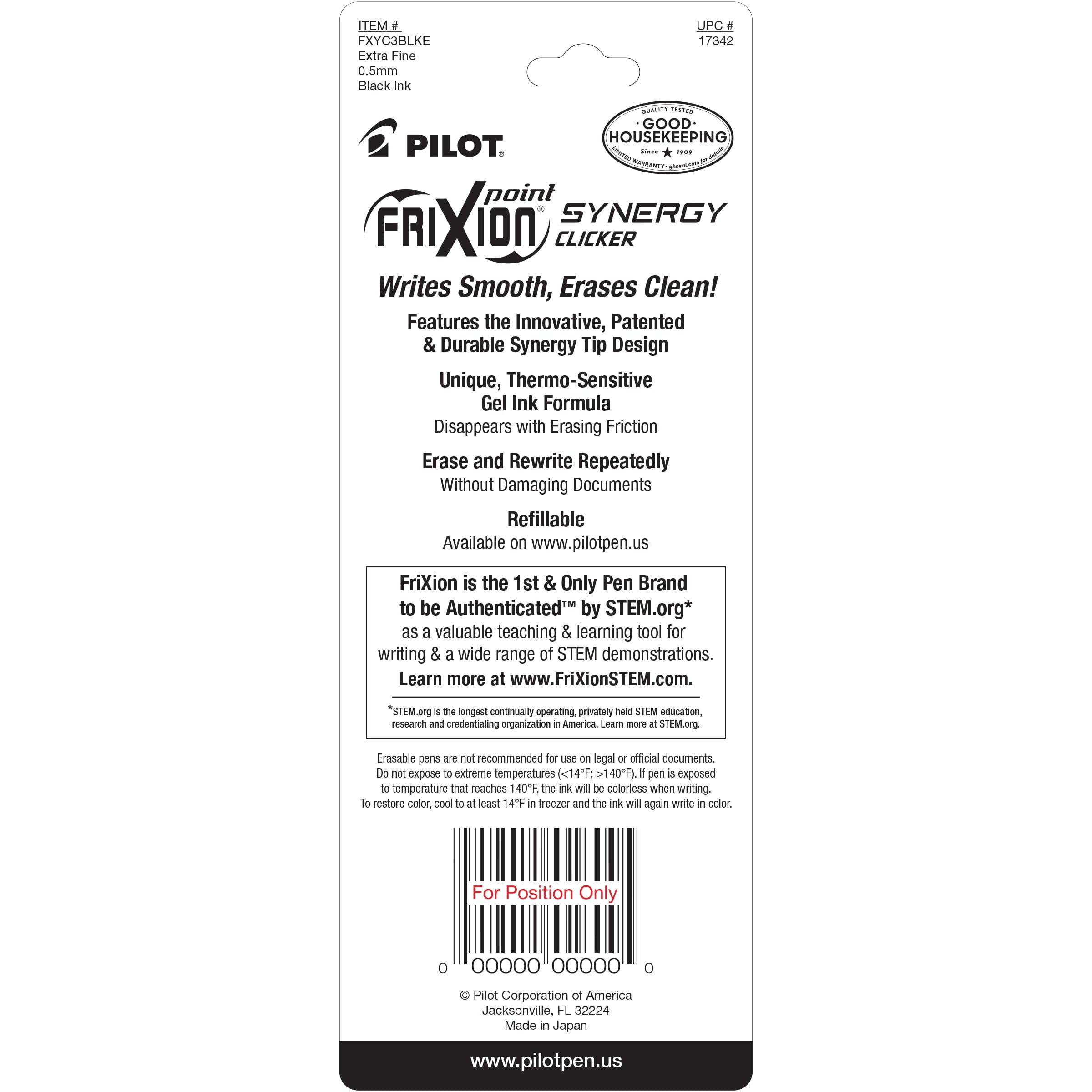 Pilot FriXion Synergy Clicker Erasable Gel Pens, Extra Fine Point, Black Ink, 3 Count