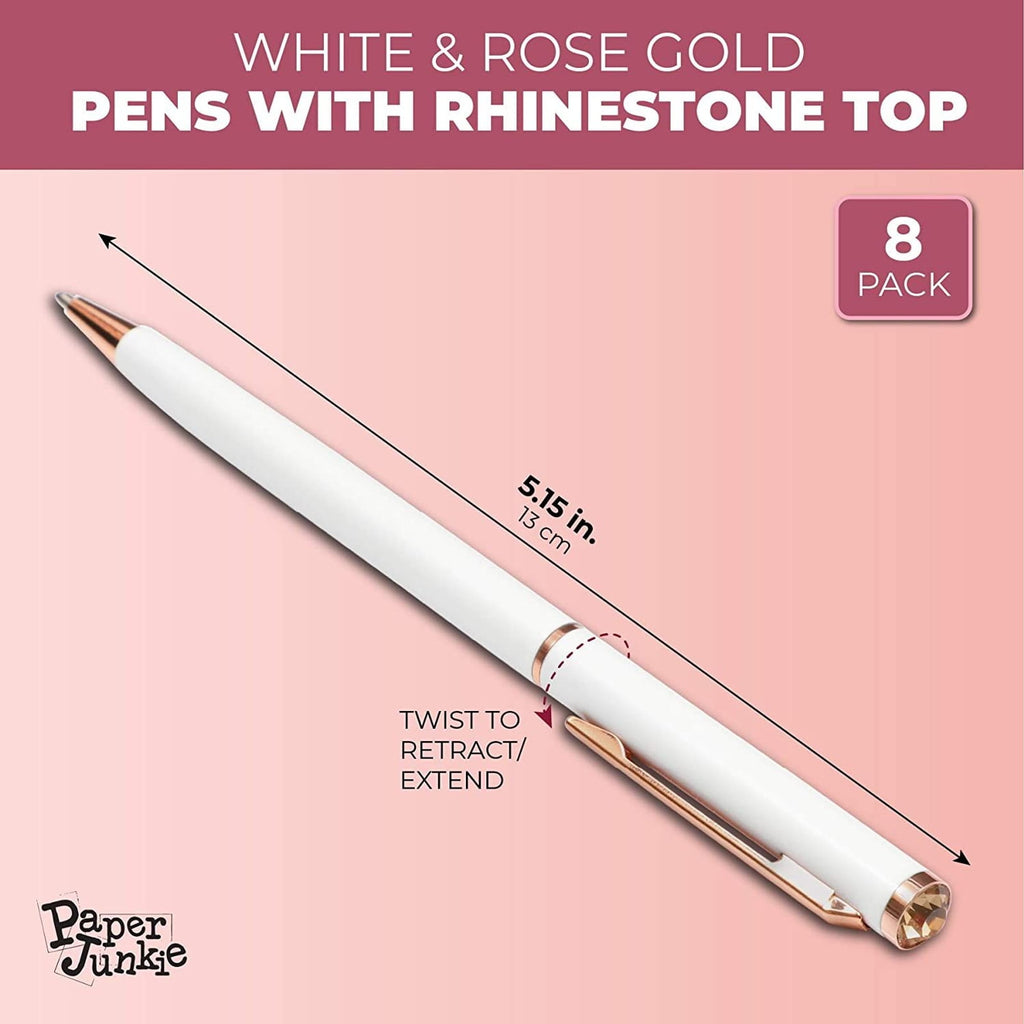 White Ball Point Pens and Rose Gold Gemstone (8-Pack)