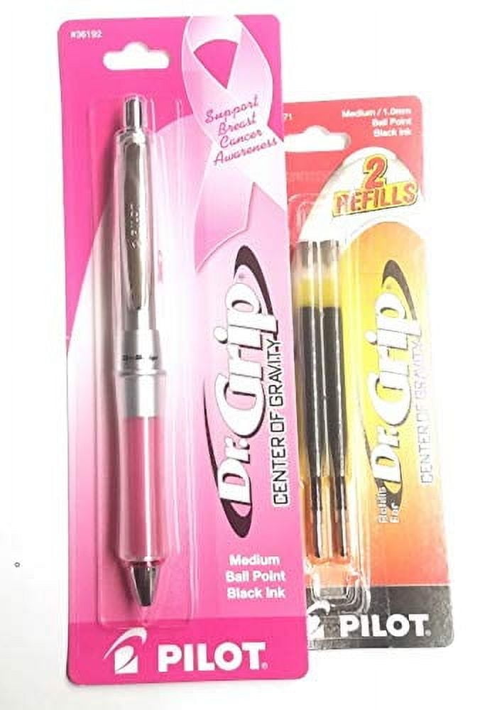 Pilot Dr. Grip Center of Gravity (1) Pink Retractable Breast Cancer Awareness Ball Point Pens, Medium Point, Black Ink, (1) Black Refill Ink (36192)