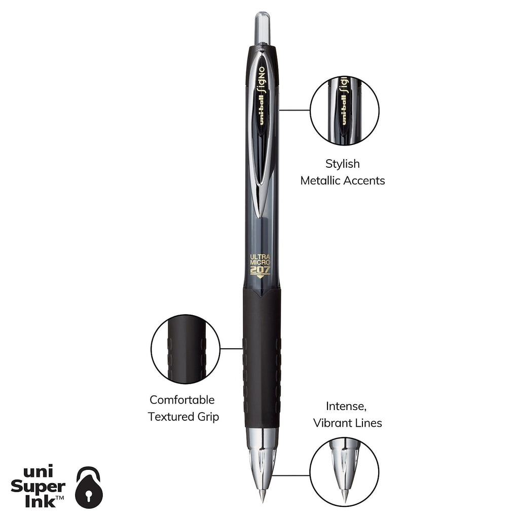uni-ball® 207™ Retractable Fraud Prevention Gel Pens, Ultra Micro Point, 0.38 mm, Translucent Black Barrels, Black Ink, Pack Of 4