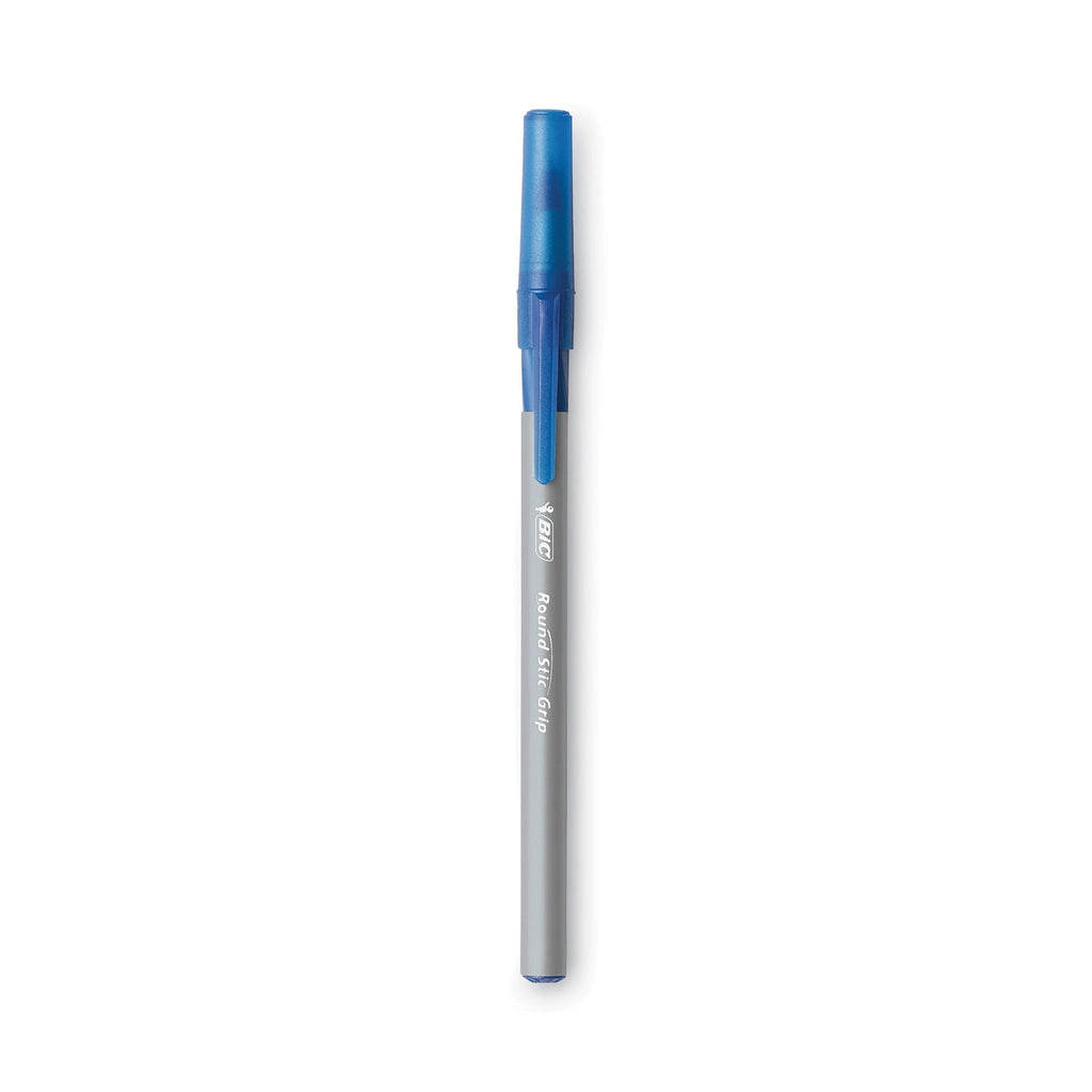 BIC Round Stic Grip Xtra Comfort Ballpoint Pen, Stick, Fine 0.8 mm, Blue Ink, Gray/Blue Barrel, Dozen