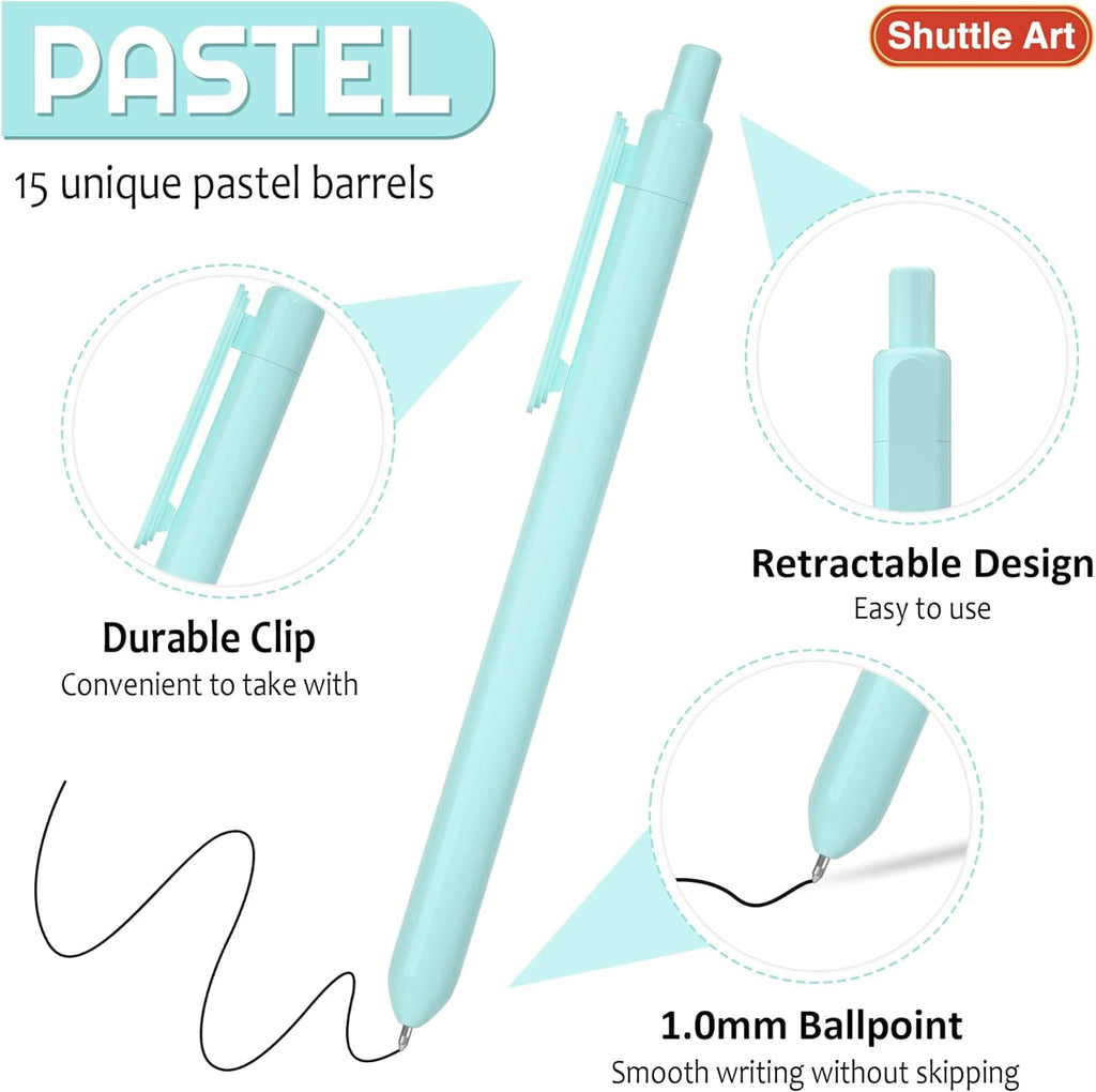 Shuttle Art Pastel Retractable Pens, Ballpoint, 1 mm, Black Ink, 15 Pack