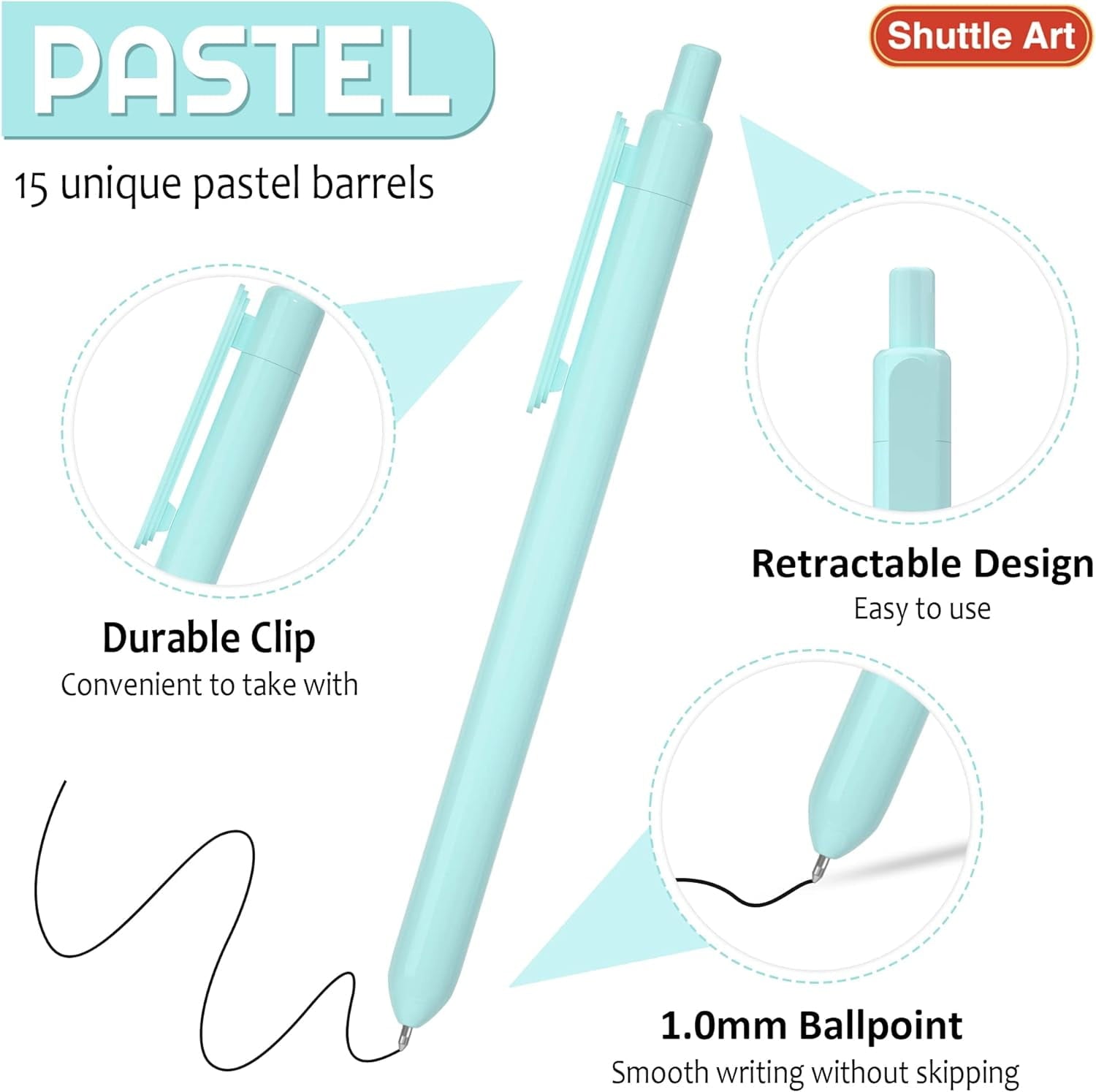 Shuttle Art Pastel Retractable Pens, Ballpoint, 1 mm, Black Ink, 15 Pack
