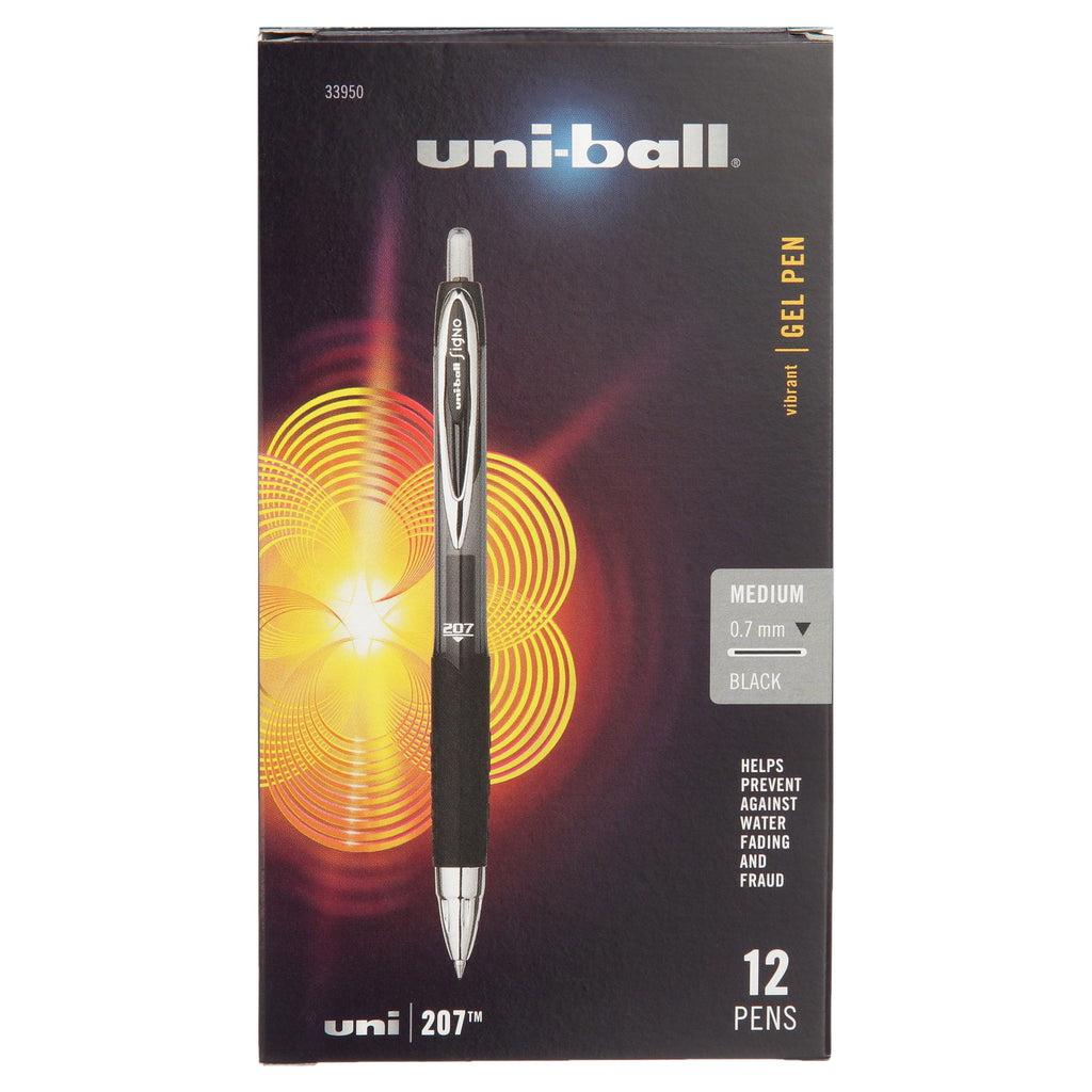 uni-ball 207 Retractable Gel Pens, Medium Point, Black, Box of 12