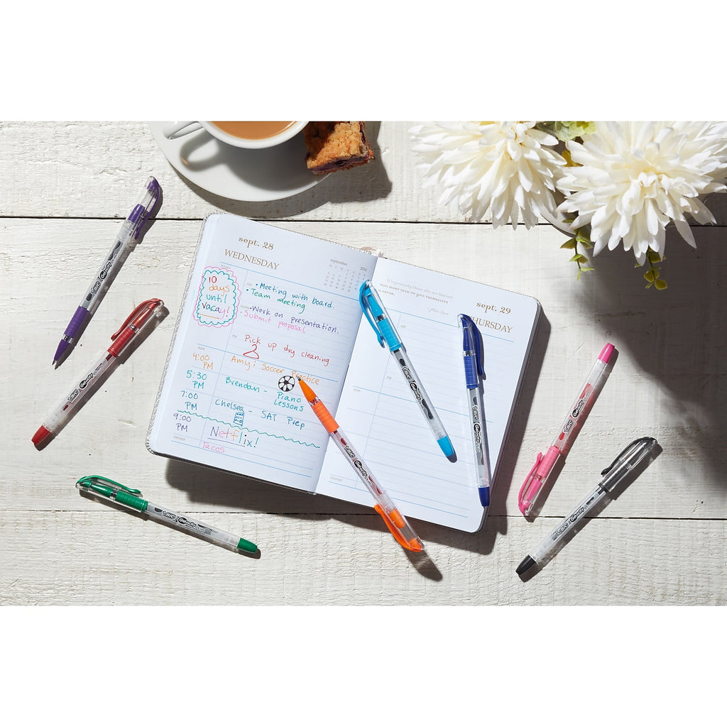 BIC Gel-ocity Stic Gel Pens, Medium Point, 0.7 mm, Clear Barrel, Assorted Ink, Pack of 14 Pens