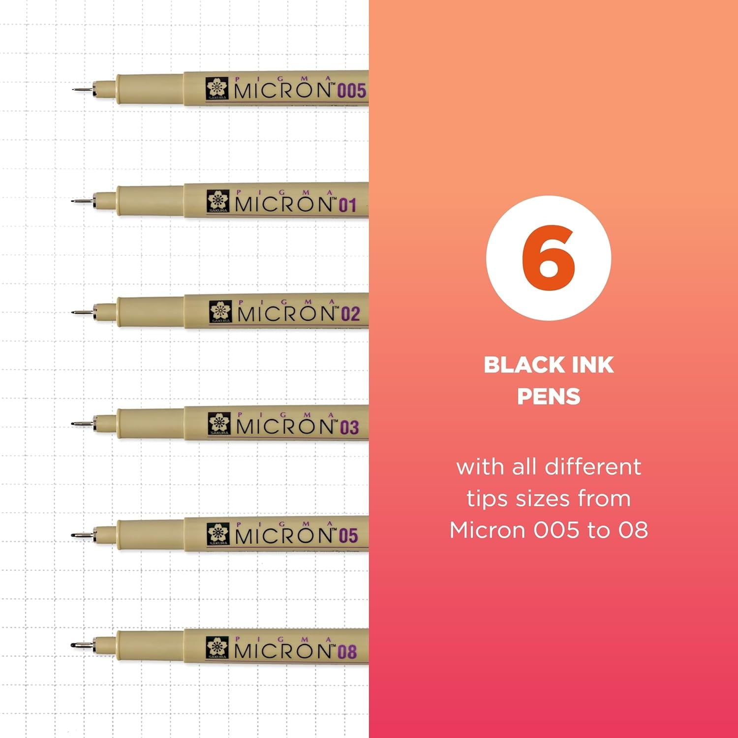 Sakura Pigma Micron Fine Liner Pens - Archival Black Ink Pens for Writing, Drawing, or Journaling - Assorted Point Sizes - 6 Pack