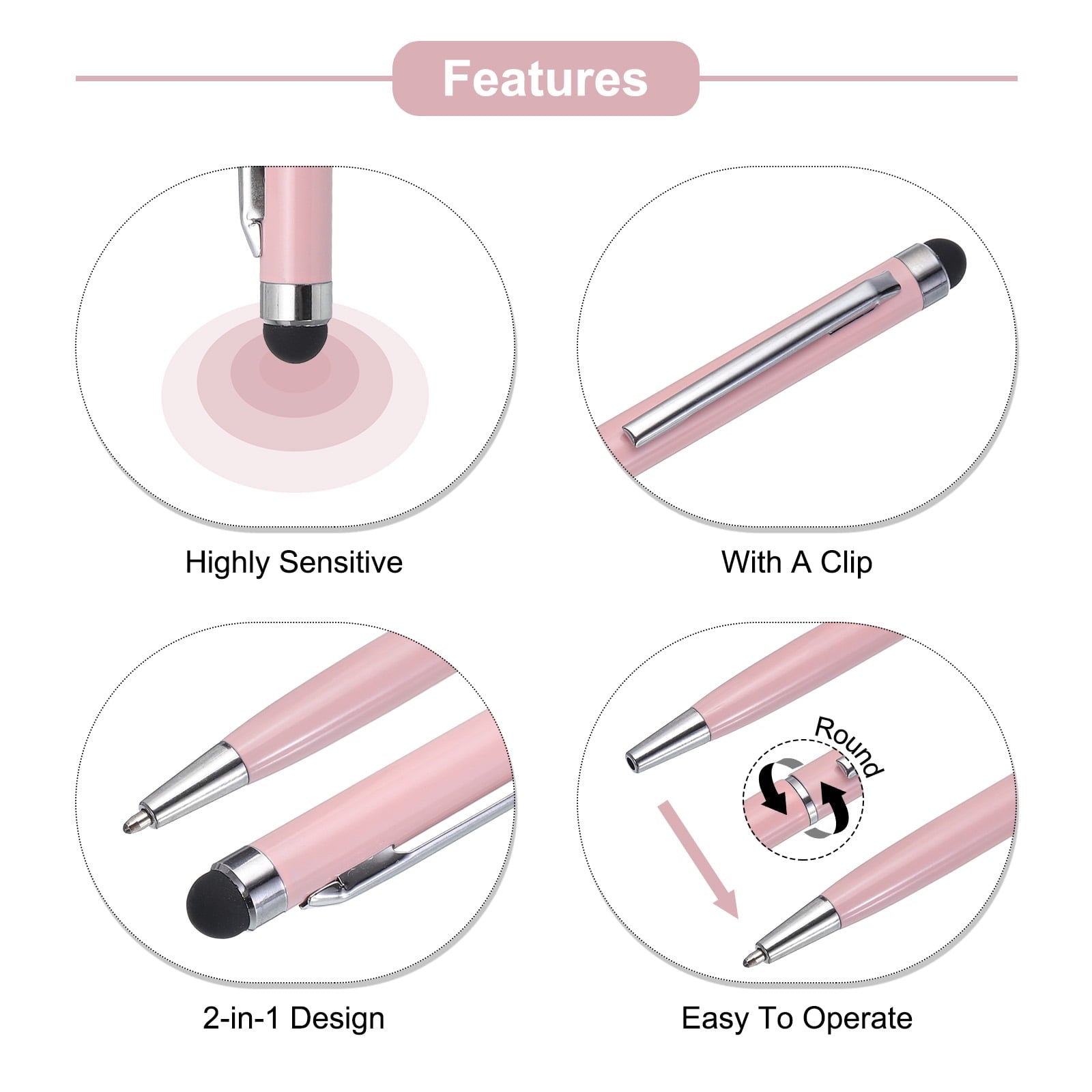 Uxcell 6pcs Metal Stylus Pen Ballpoint Pen 2 in 1 Universal Retractable Ink Pen with Stylus Tips Pink