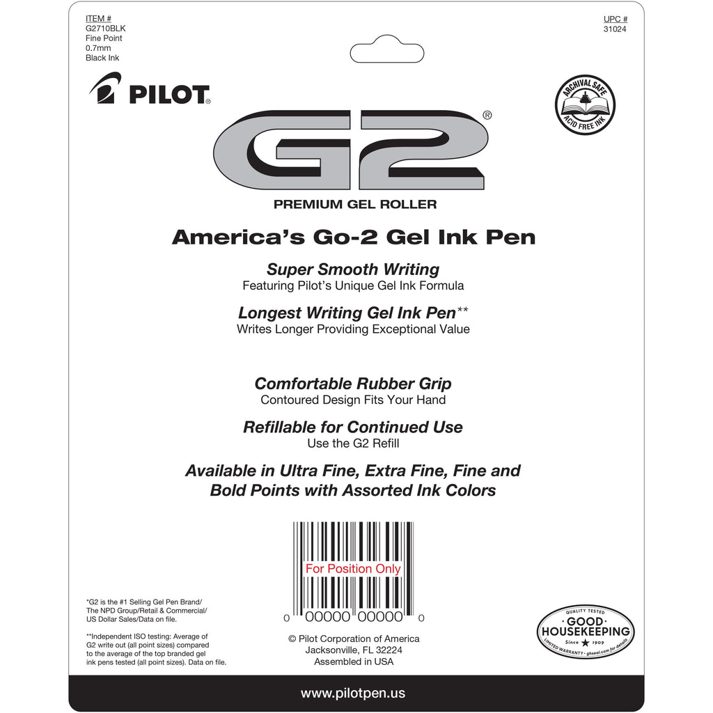 Pilot G2 Retractable Gel Ink Pens, Fine Point, 0.7 mm, Black Ink, 10 Pack