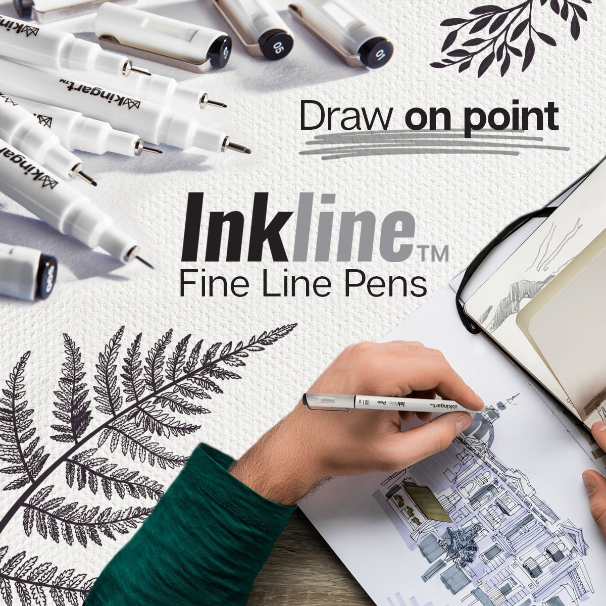 KINGART Inkline Art & Graphic Pens, Fine Line, Archival Black Ink, Assorted Sizes, 10 Count