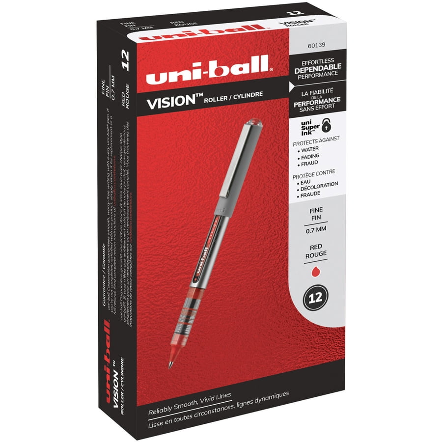 uni-ball® Vision™ Rollerball Pens, Fine Point, 0.7 mm, Gray Barrel, Red Ink, Pack Of 12