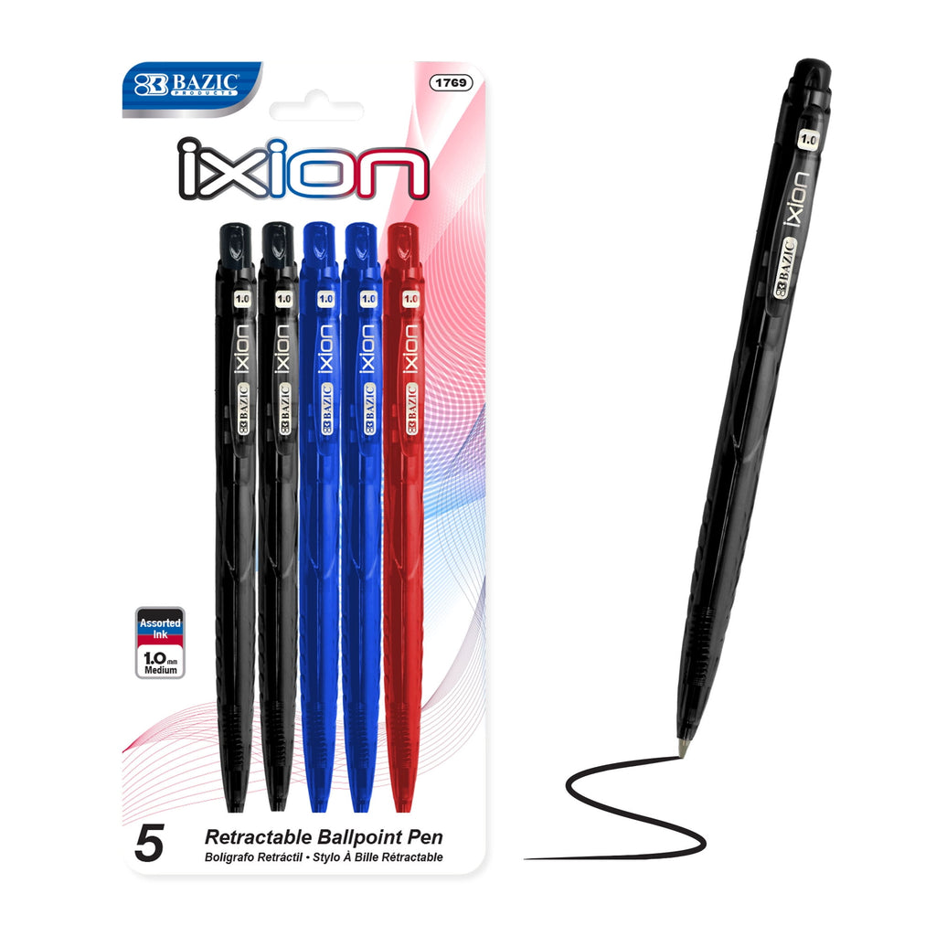 BAZIC Ixion Black Color Retractable Ballpoint Pens, 1.0mm (5/Pack), 1-Pack