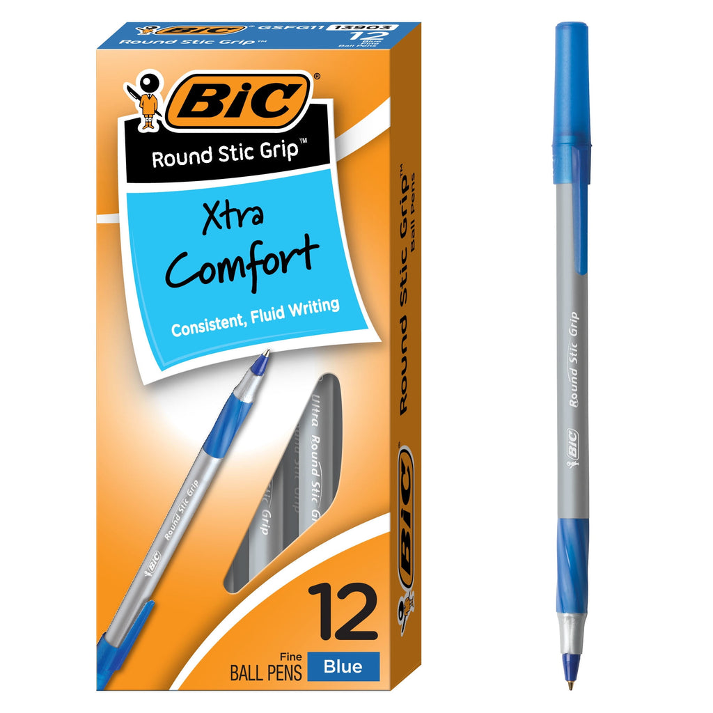 BIC Round Stic Grip Xtra Comfort Ballpoint Pen, Stick, Fine 0.8 mm, Blue Ink, Gray/Blue Barrel, Dozen
