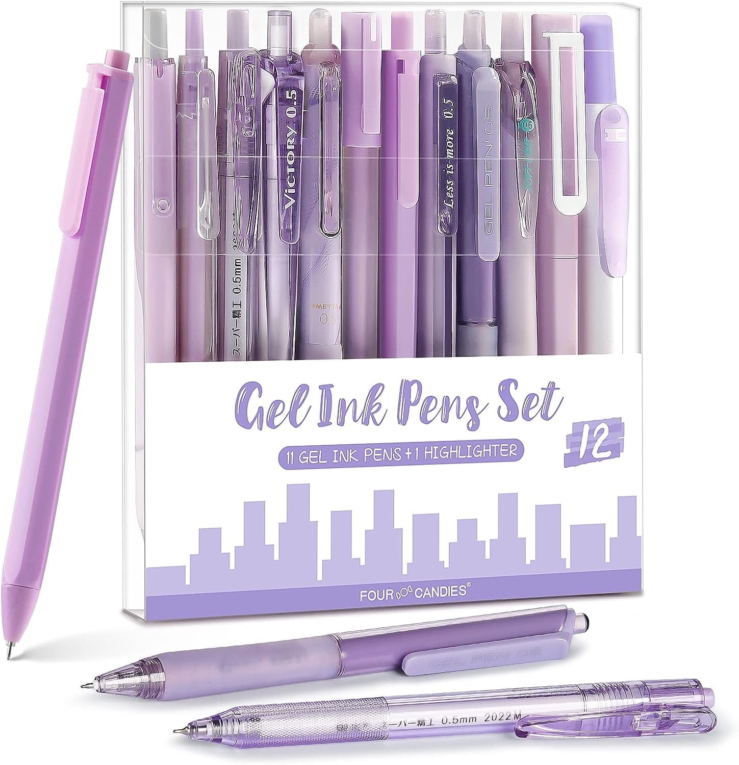 Four Candies Retractable Pink Pen Set, 11Pcs Black Ink Gel Pens(0.5mm), 1Pcs Pink Highlighter, 0.5mm Fine Point for Journaling, Writing and Note-Taking