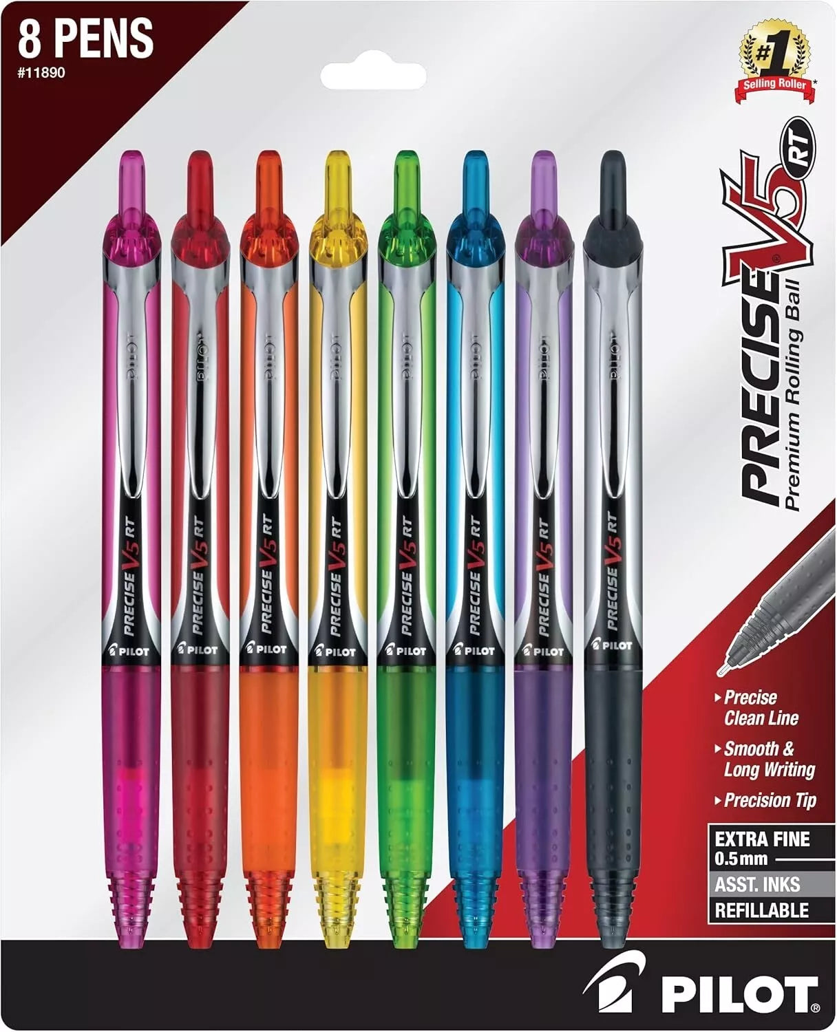 Fyna -Pilot 11890 Precise V5 Retractable Rolling Ballpens, Extra Fine, Assorted 8 Pack