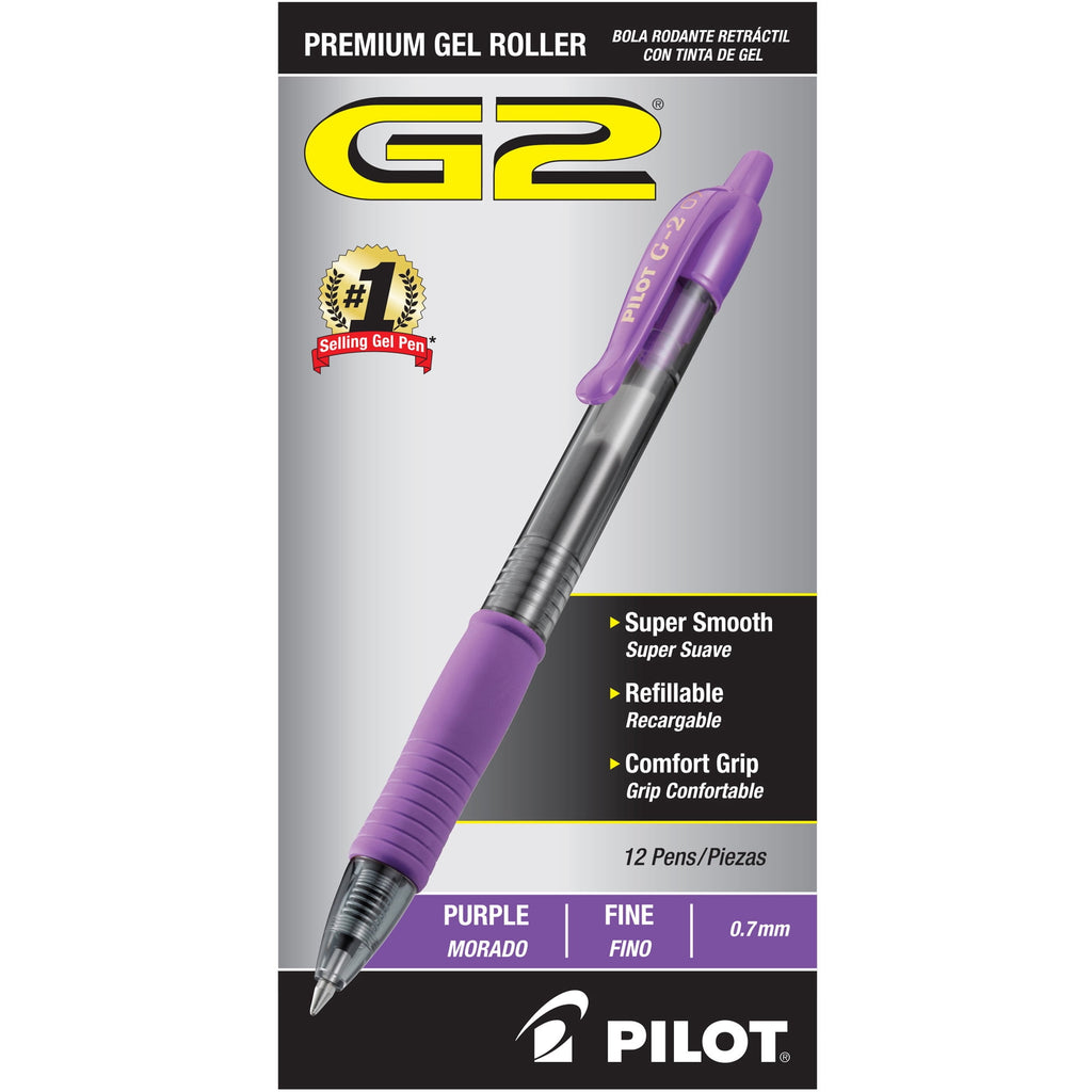 Pilot® G-2® Retractable Gel Pens, Fine Point, 0.7 mm, Clear Barrels, Purple Ink, Pack Of 12