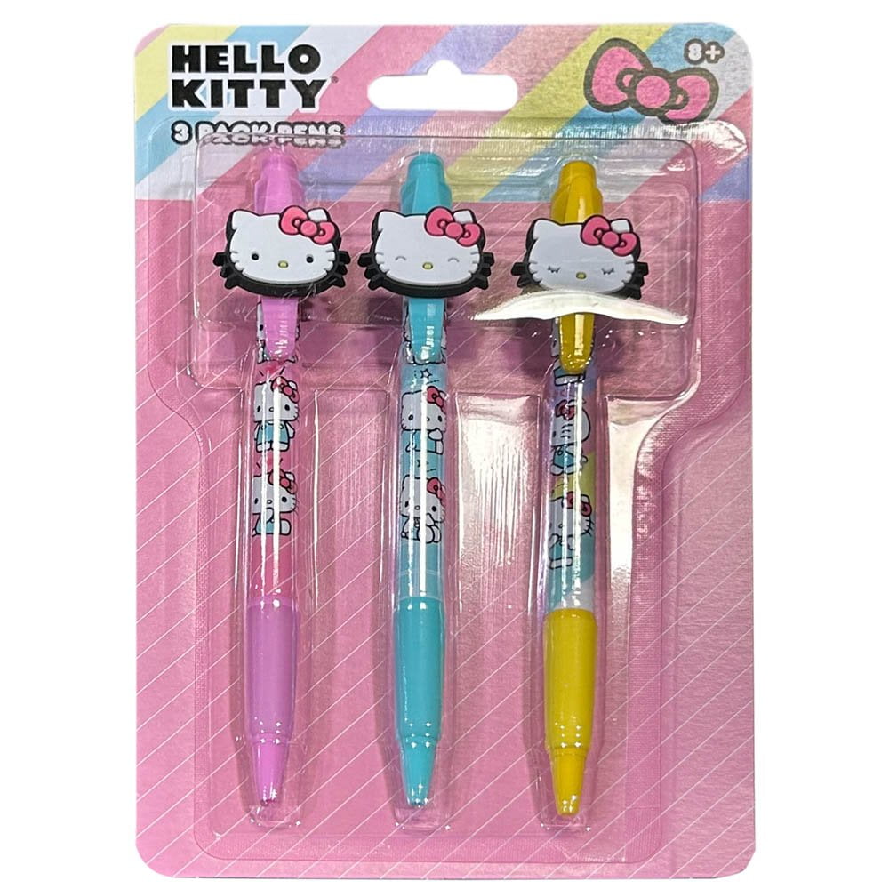 Hello Kitty 3pk Pens with Rubber Character Clip on Card