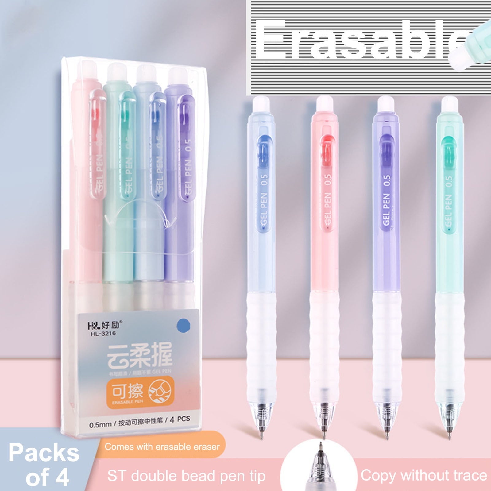 HongHeng Erasable Pens Blue Ink Gel Pen with Eraser Clear, 0.5mm Fine Point, Smooth Writing for Note Taking Marking Planner Crossword Puzzles (4PCS)