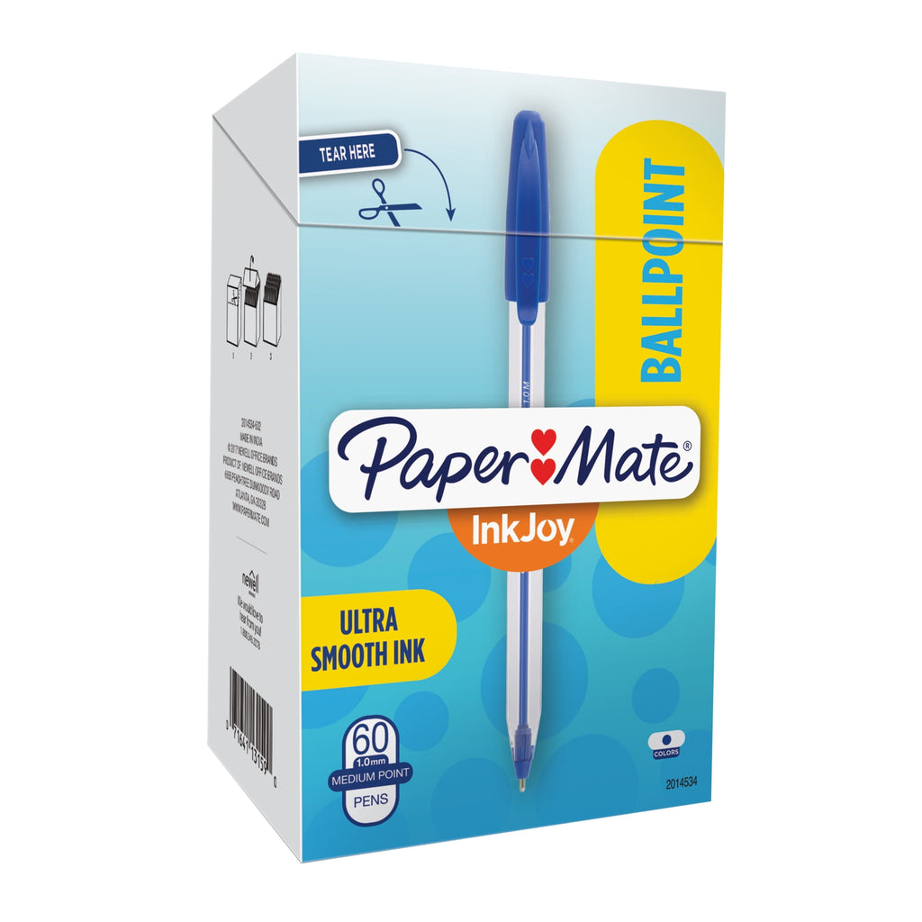 Paper Mate® InkJoy 50ST Stick Ballpoint Pens, Medium Point, 1.0 mm, Clear Barrels, Blue Ink, Box of 60