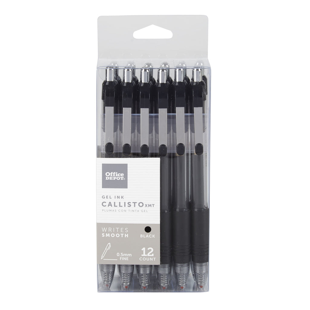 Office Depot Soft-Grip Retractable Gel Pens, Extra-Fine Point, 0.5 mm, Transparent Black Barrel, Black Ink, Pack Of 12 Pens