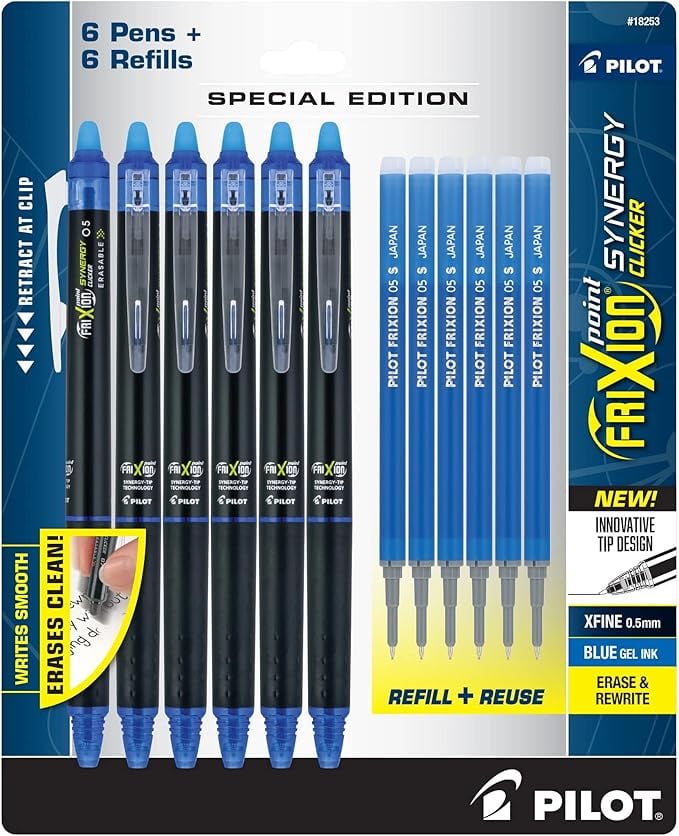 PILOT Frixion Synergy Clicker Erasable Pens, Retractable and Refillable, 0.5mm Extra Fine Point, 6 Pack of Blue Ink Pens + 6 Refills