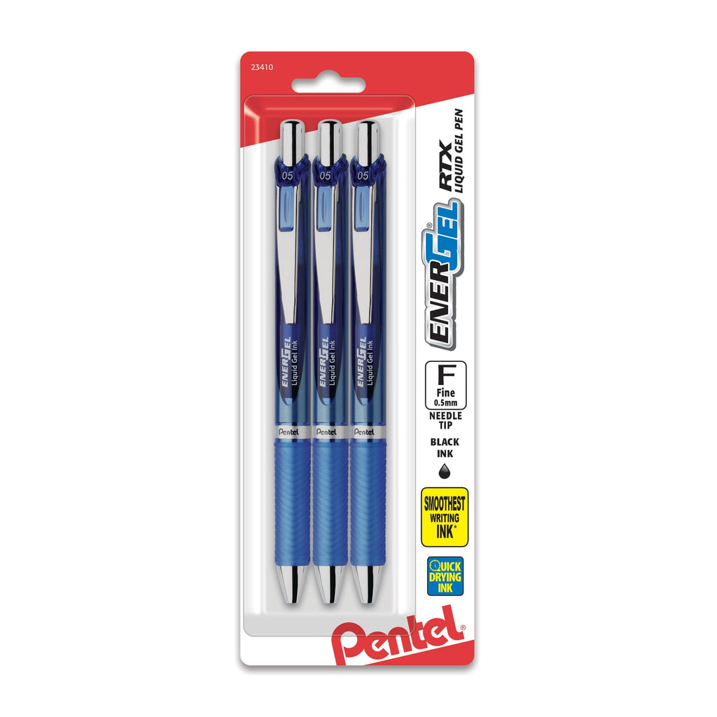 Pentel EnerGel RTX Retractable Liquid Gel Pen, (0.5mm) Needle Tip, Fine Line, Blue Ink 3-Pk