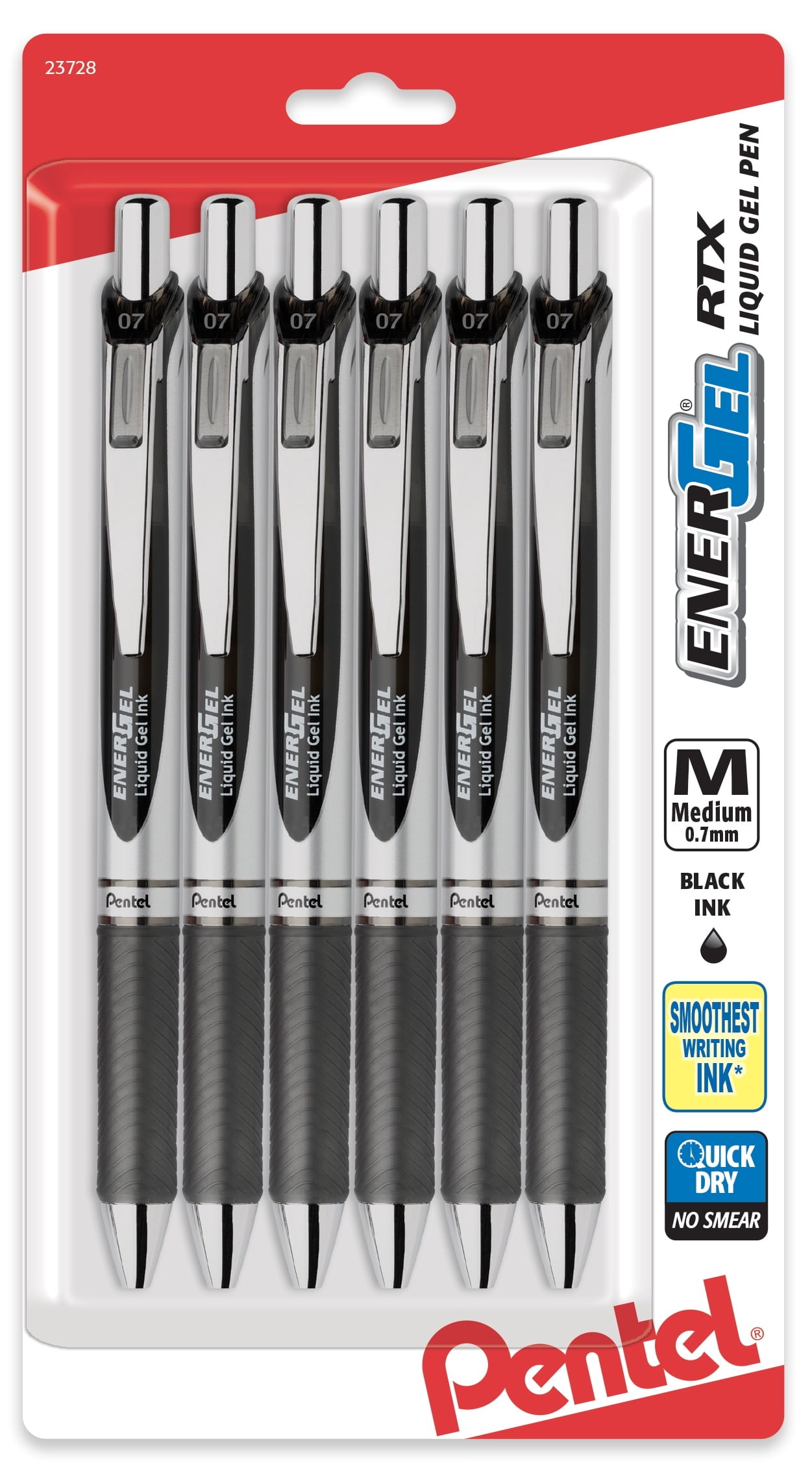 Pentel EnerGel RTX Retractable Liquid Gel Pen, Medium Line, Metal Tip, Black Ink, 6 Pack (BL77BP6A)