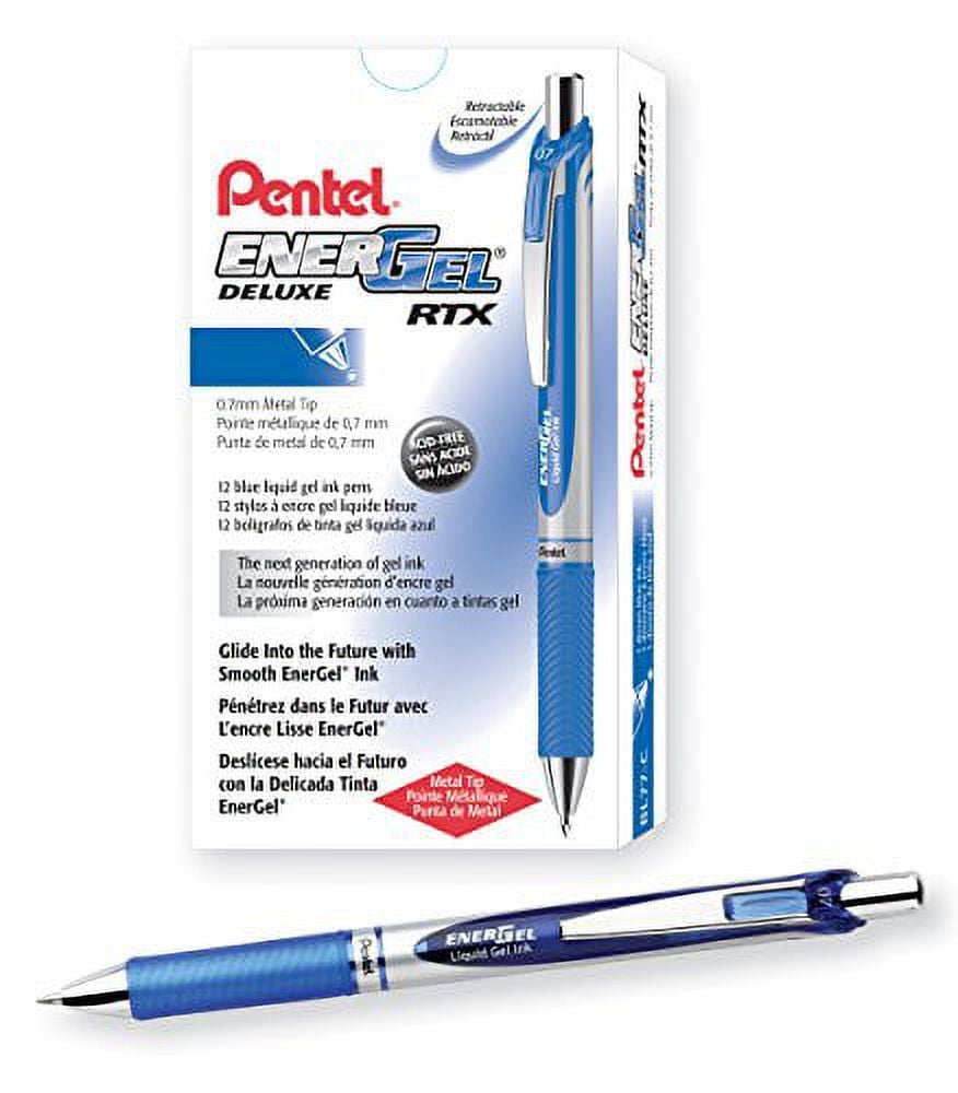 Pentel Gel Ink Pen, EnerGel RTX Gel Pens, 0.7 mm Metal Tip, Black/Silver Barrel, Blue Ink, 12 Each (BL77-C)