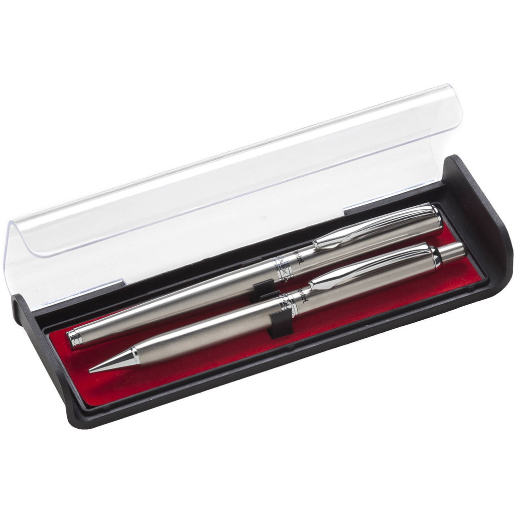 Pentel Libretto Pen and Pencil Set w/Box, Silver Barrels, Black Ink