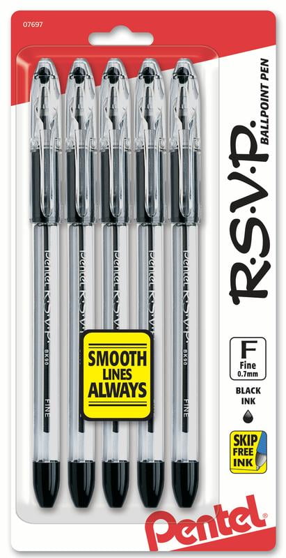 Pentel RSVP Ballpoint Pen, (0.7mm) Fine Line, Black Ink, 5 Pens Per Pack