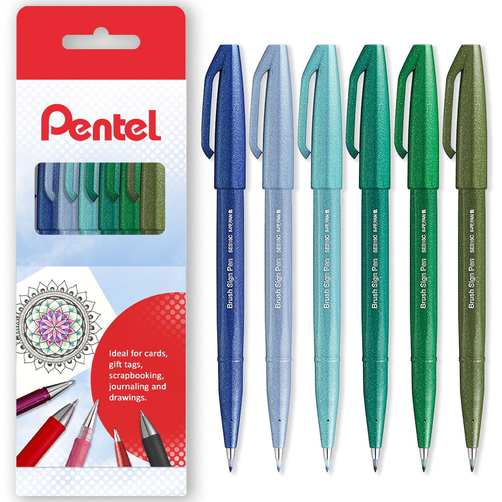 Pentel SES15C Brush Sign Pen Fibre Tip Marker Fineliner Pens - Gift Box of 6 - Cool Tones