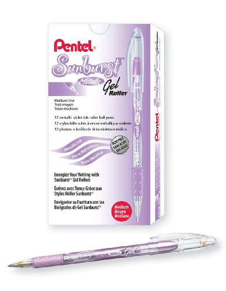 Pentel Sunburst Metallic Gel Pen, 0.8mm Tip Writes 0.4mm Line, Violet/Transparent Barrel Violet Ink, Box of 12 (K908-MV)