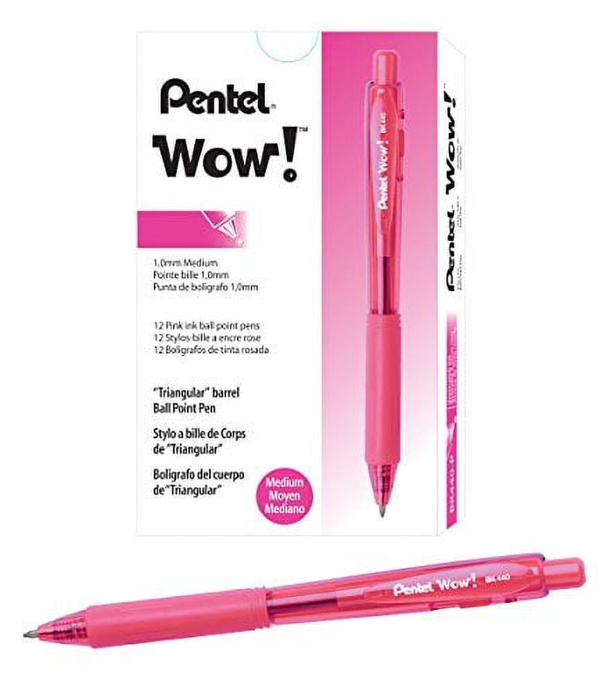Pentel WOW! Retractable Ballpoint Pens, Medium Line, Pink Ink, Box of 12 (BK440-P)