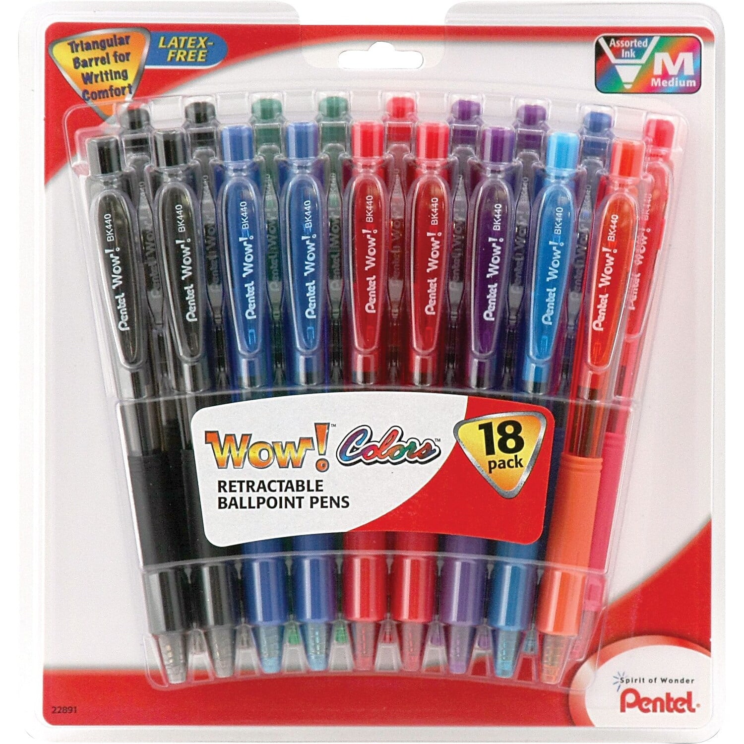 Pentel Wow! Retractable Ballpoint Pen, (1.0mm) Medium Line, NEW Ink, Assorted Colors (4A/3B/3C/2D/1F/1P/1S/3V) 18-Pk