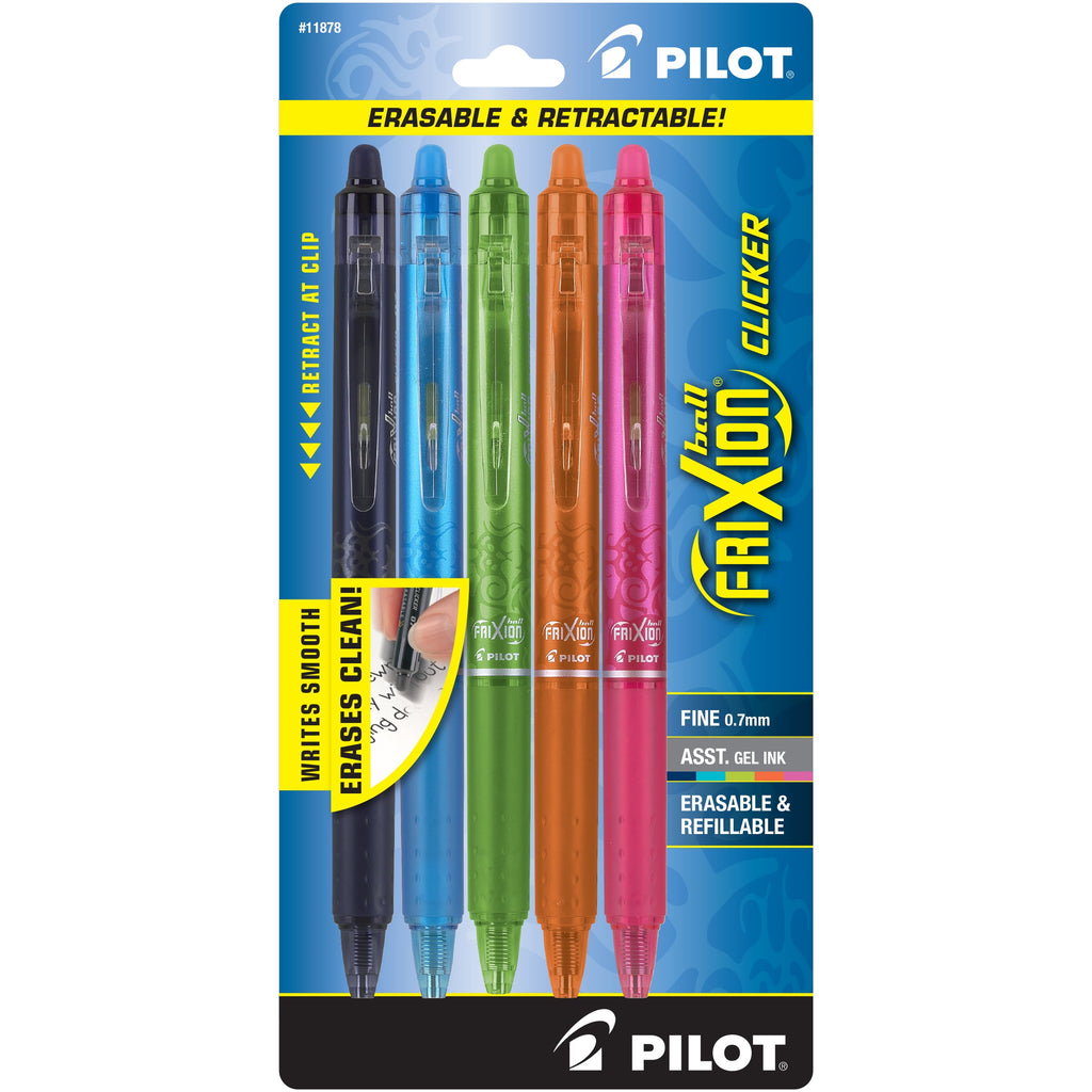Pilot FriXion Clicker Erasable Gel Ink Pens, Fine Point, 0.7mm, Assorted Ink, 5 Count