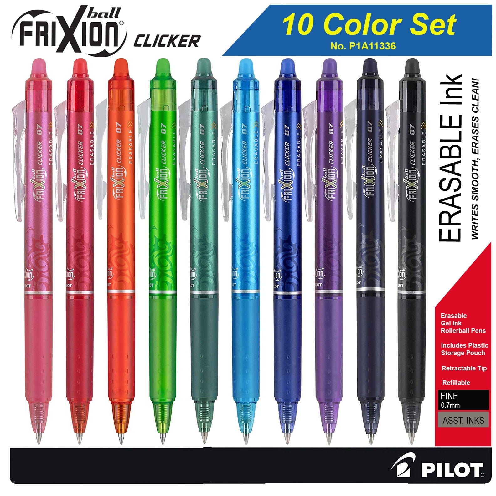 Pilot FriXion Clicker Retractable Erasable Gel Ink Pens, 10 Color Set