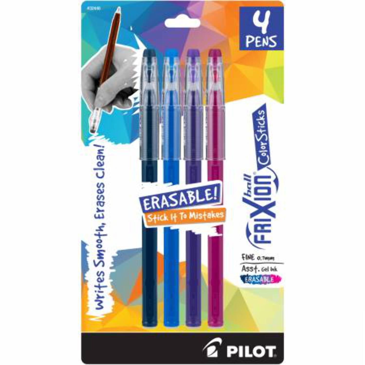 Pilot FriXion ColorSticks Erasable Gel Ink Pens, Fine Point, Asst Colors, 4 Pack