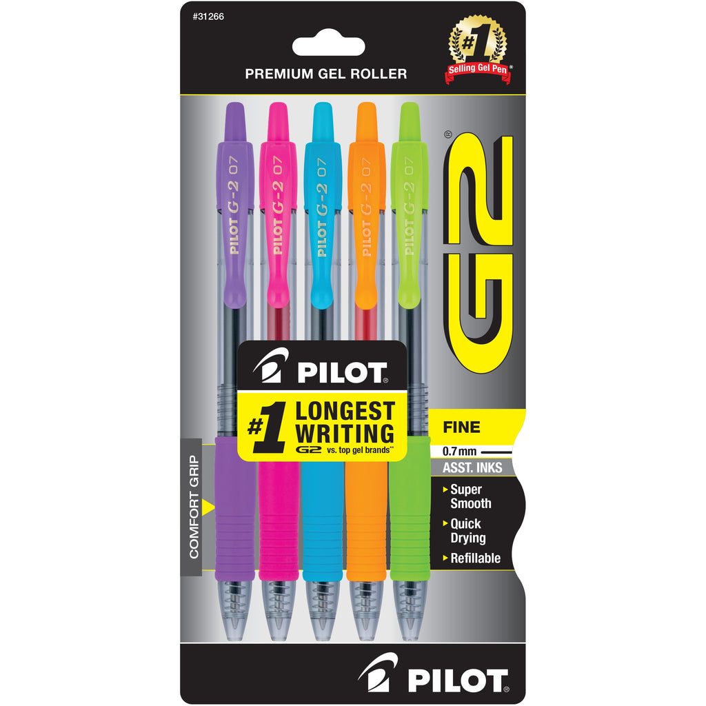 Pilot G2 Premium Retractable Gel Ink Rolling Ball Pen, Fine Point, Assorted Ink, 5 Count