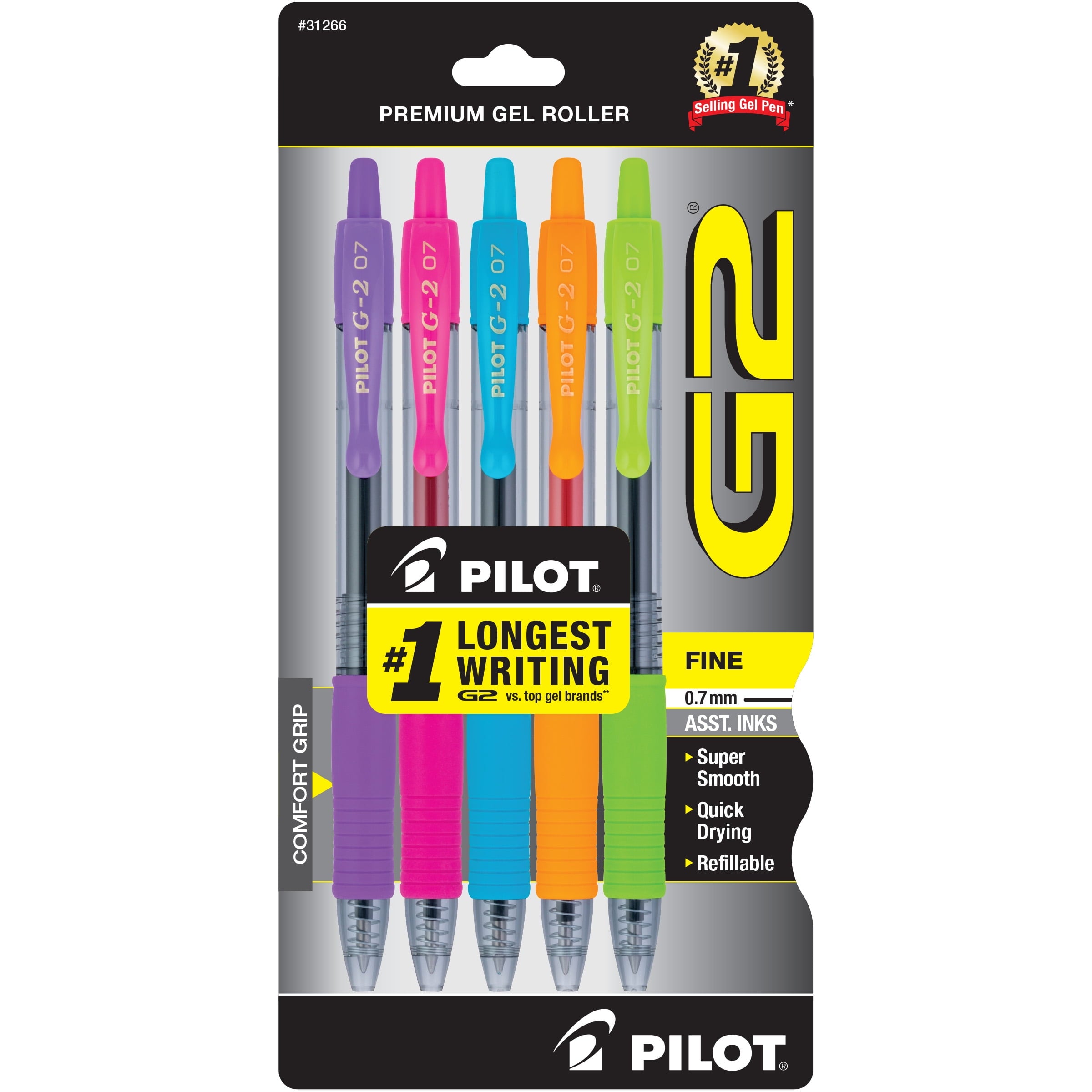 Pilot G2 Premium Retractable Gel Ink Rolling Ball Pen, Fine Point, Assorted Ink, 5 Count