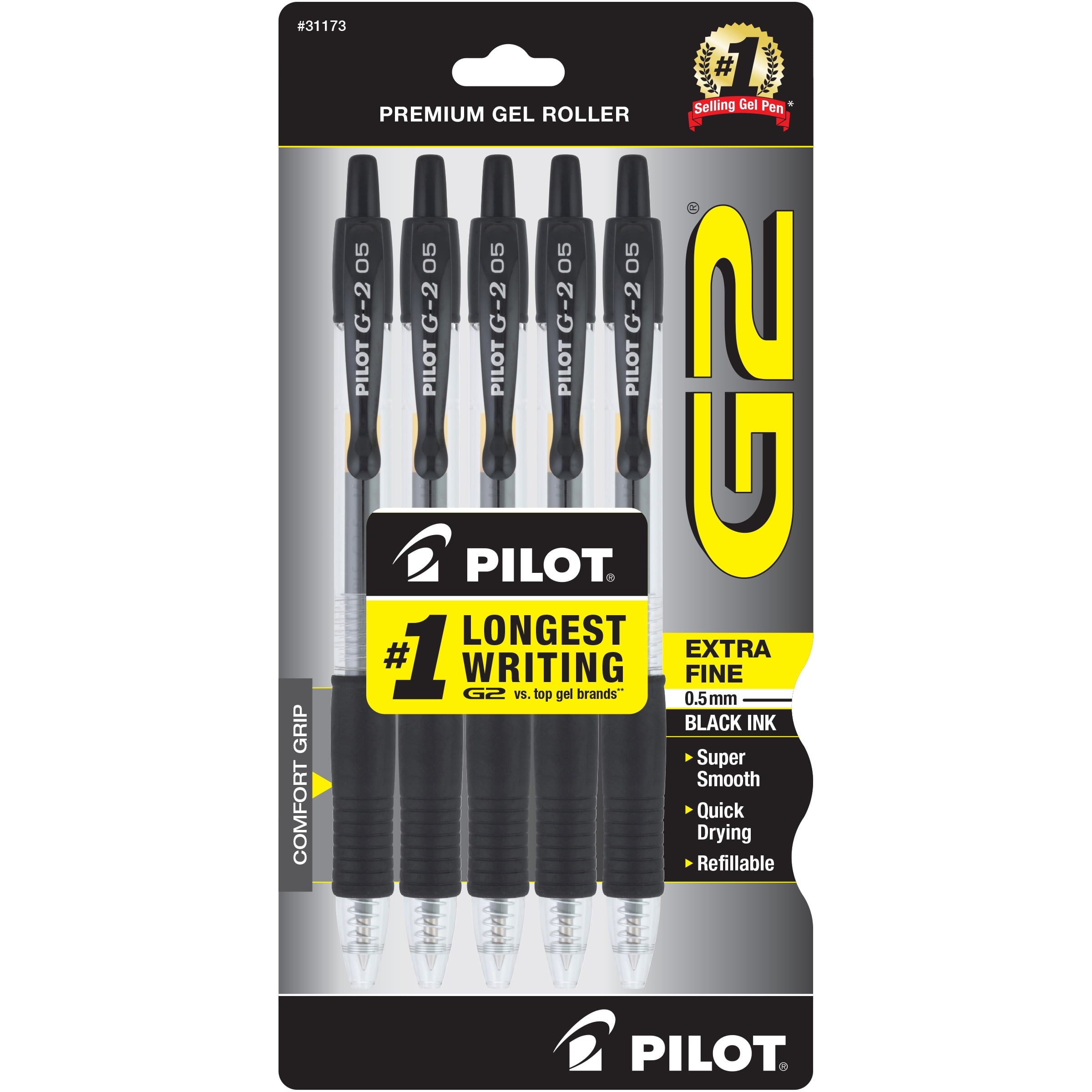Pilot G2 Premium Retractable Gel Ink Pens, Extra Fine Point, Black, 5 Count