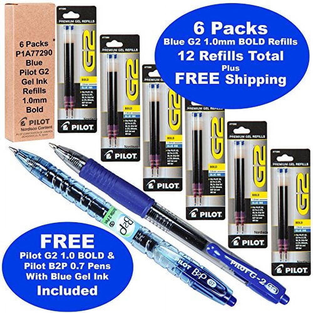 Pilot G2 Refills, Blue Gel Ink 1.0mm Bold Pt, 6 Packs of Refills Plus 1 Pilot G2 1.0 Bold Pt. Blue Pen and 1 Pilot B2p Blue Pen