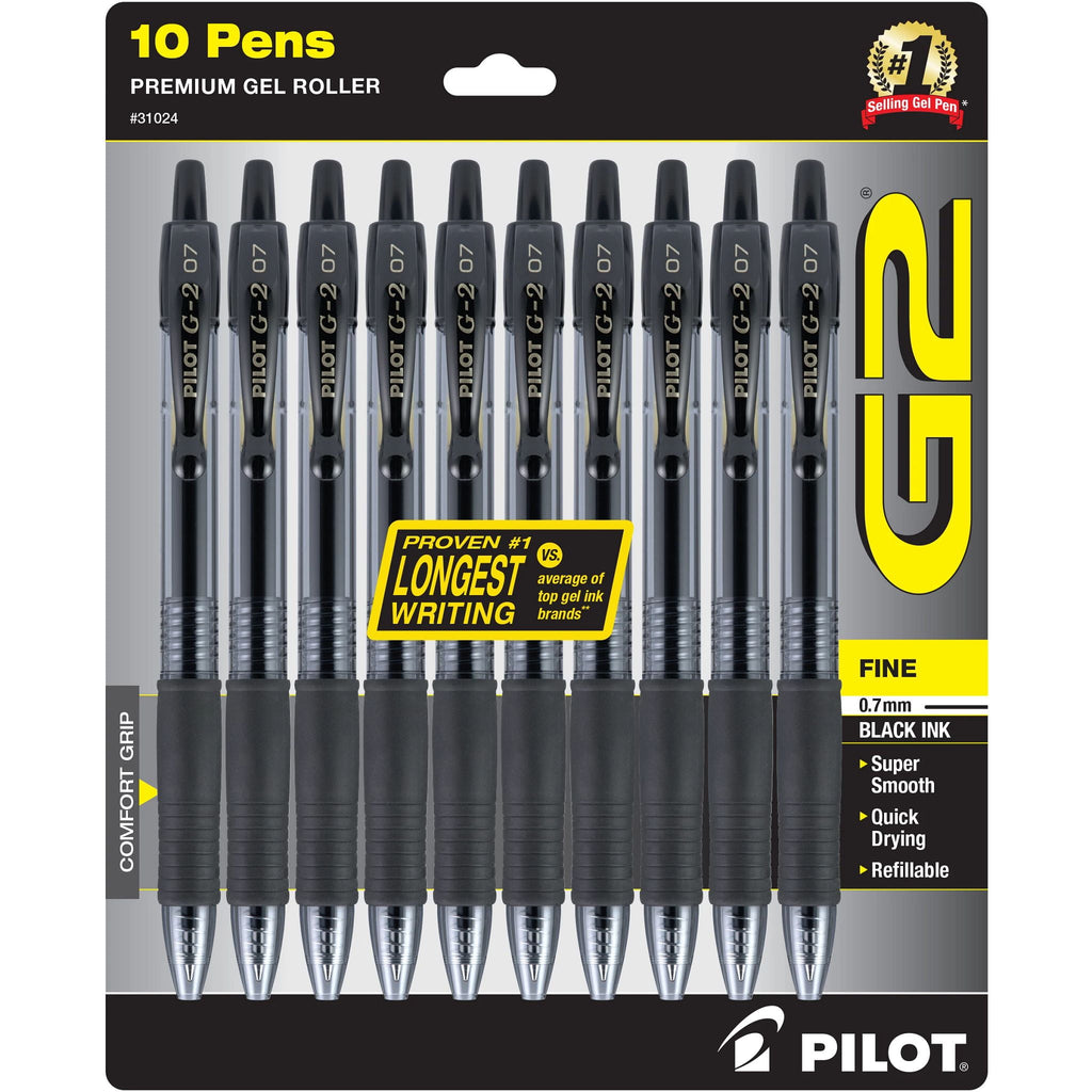 Pilot G2 Retractable Gel Ink Pens, Fine Point, 0.7 mm, Black Ink, 10 Pack