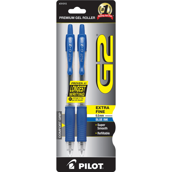 Pilot G2 Retractable Gel Ink Rollerball Pens Fine Pen Point - 0.5 mm Pen Point Size - Refillable - Retractable - Blue Gel-based Ink - 2 / Pack