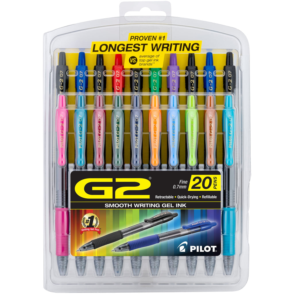 Pilot G2 Retractable Gel Pen, Fine Point (0.7 mm), Assorted Ink, 20 Count