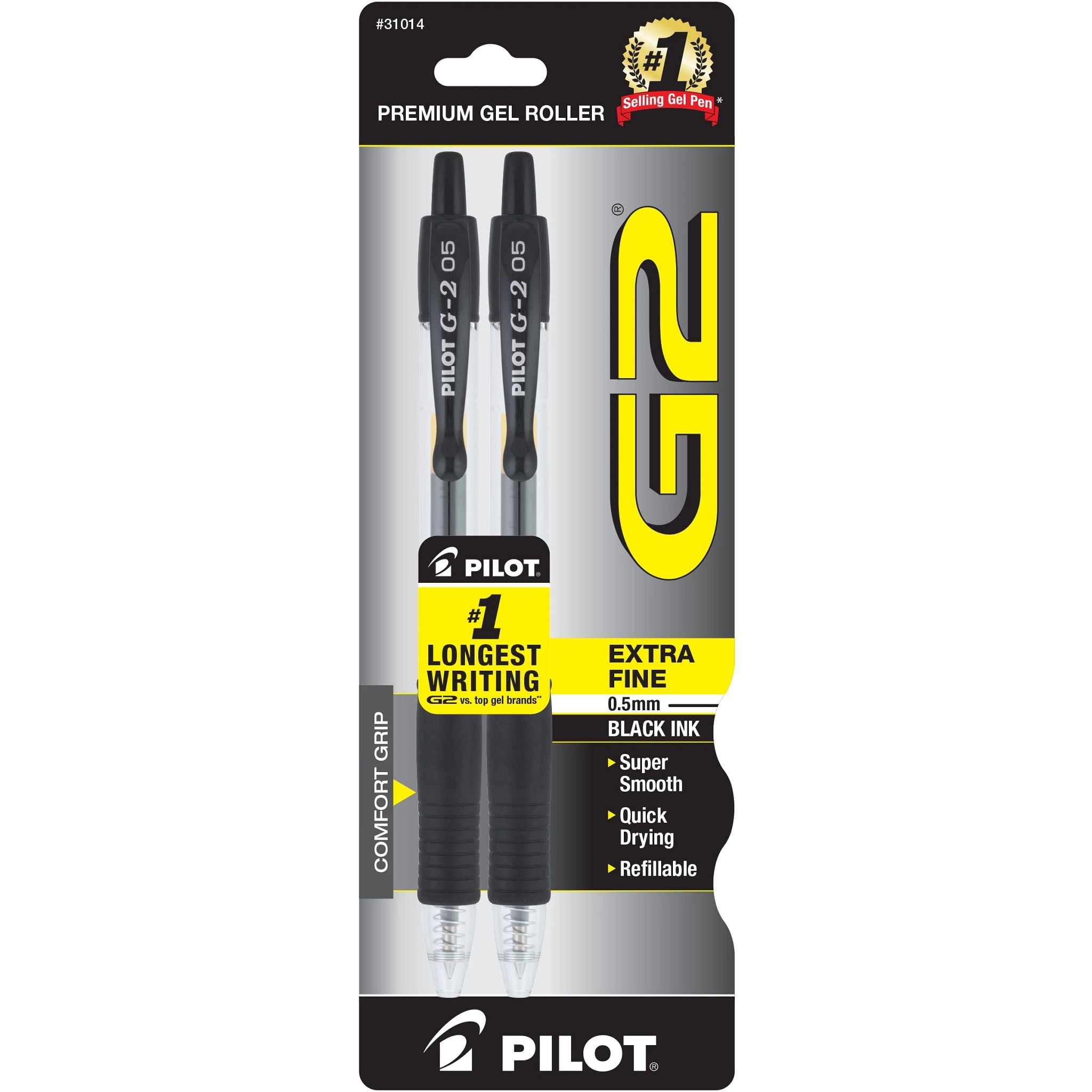 Pilot G2 Retractable Gel Pens, Extra Fine, Black, 2 Count