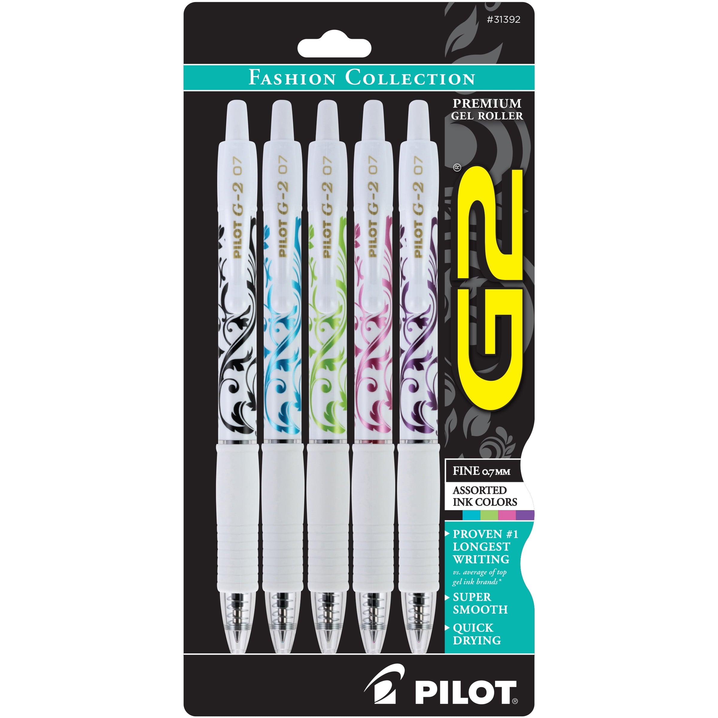Pilot G2 Retractable White Barrel Fashion Collection Gel  Ink Pens, Fine Point, 0.7mm, Assorted Ink Colors, 5 Count