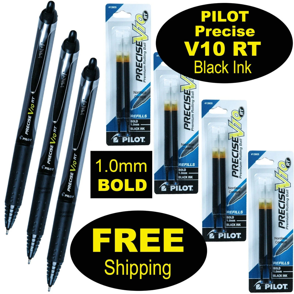 Pilot Precise V10 Rt, 3 Pens, 4 Packs Of Refills, Black Ink, 1.0Mm Bold Point