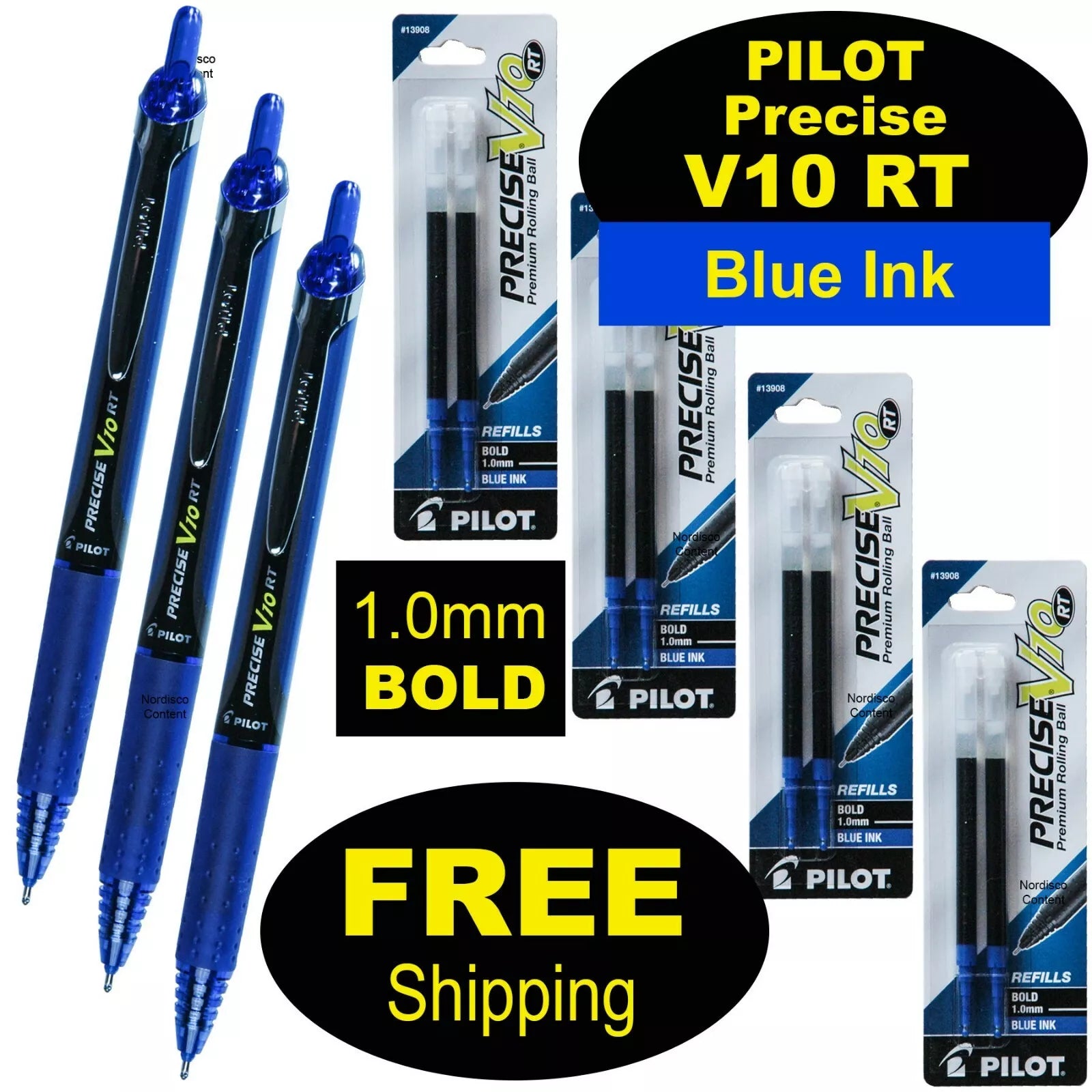 Pilot Precise V10 Rt, 3 Pens, 4 Packs Of Refills, Blue Ink, 1.0Mm Bold Point